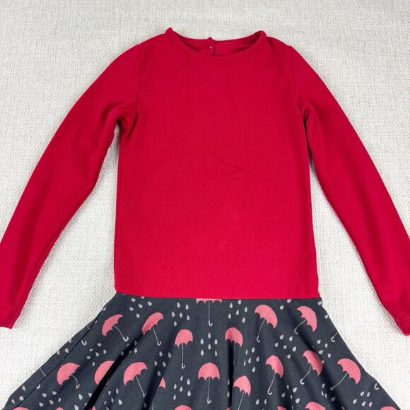 KicKee Kids Red Black Bamboo Umbrellas Rain Print Long Sleeve Circle Dress - Picture 2 of 13